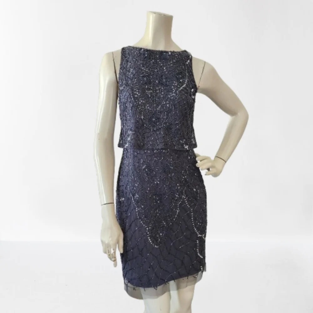 Aidan Mattox Dress Womens 0 Silver Gray Sleeveless Beaded Cocktail